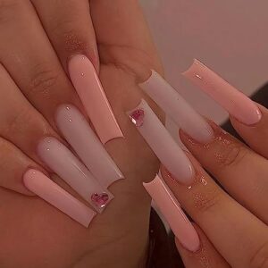 IMSOHOT Long Press on Nails Square Fake Nails Solid Color Glossy Artificial False Nails Full Cover with Pink Heart Rhinestone Designs Cute Acrylic Glue on Nails for Women Girls 24pcs