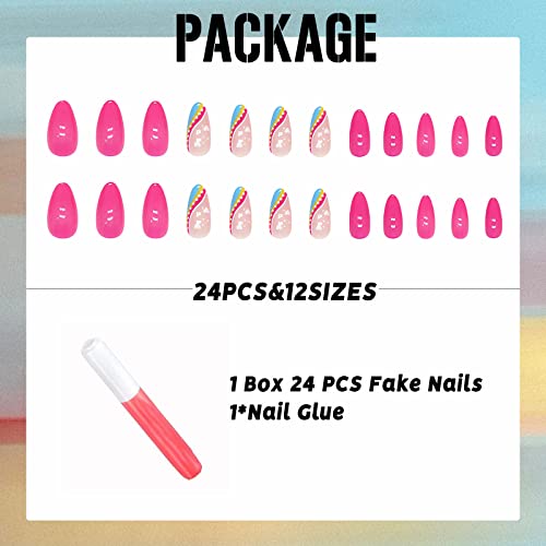 IMSOHOT Medium Almond Press on Nails Stiletto Frech Tips Fake Nails with Nail Glue Hot Pink Acrylic False Nails Glossy Nails Colorful and Heart Designs 24PCS - Image 5