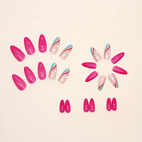 IMSOHOT Medium Almond Press on Nails Stiletto Frech Tips Fake Nails with Nail Glue Hot Pink Acrylic False Nails Glossy Nails Colorful and Heart Designs 24PCS - Image 3