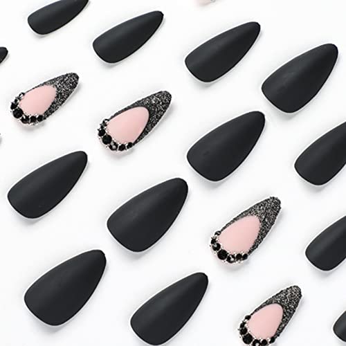 IMSOHOT Medium Press on Nails Almond Matte Black Fake Nails French Tips Acrylic False Nails with Rhinestone Designs Full Cover Glue on Nails for Women 24Pcs - Image 3