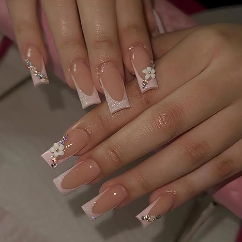 IMSOHOT Medium Press on Nails Square Pink French Tips Fake Nails Glitter Flower Acrylic False Nails with Rhinestone Designs Full Cover Glossy Glue on Nails for Women and Girls 24Pcs
