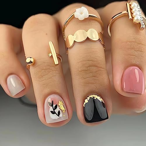 IMSOHOT Pink Black Press on Nails Short Square Fake Nails Full Cover Gold Foil Glue on Nails Nude Glossy Acrylic Nails False Nails with Designs for Women 24Pcs