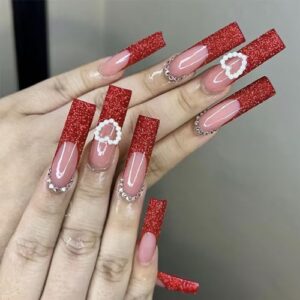 IMSOHOT Press on Nails Long Red French Tips Fake Nails Square Pearl Heart Glue on Nails with Rhinestone Design Full Cover Acrylic False Nails Decoration Gift for Women 24Pcs