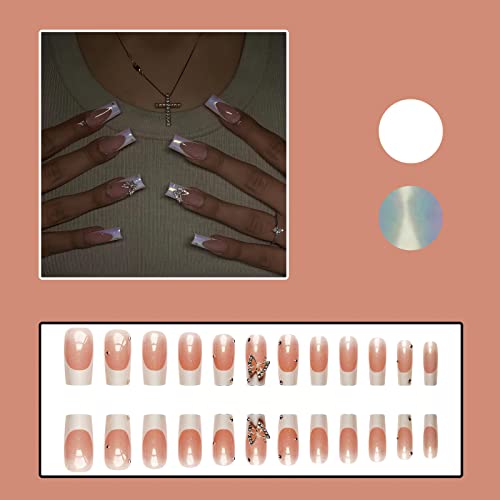 IMSOHOT Square Press on Nails Medium French Fake Nails Pearlescent Glossy False Nails Metal Silver Butterfly Rhinestones Squoval Full Cover Acrylic Nails Glue on Nails for Women 24pcs - Image 4