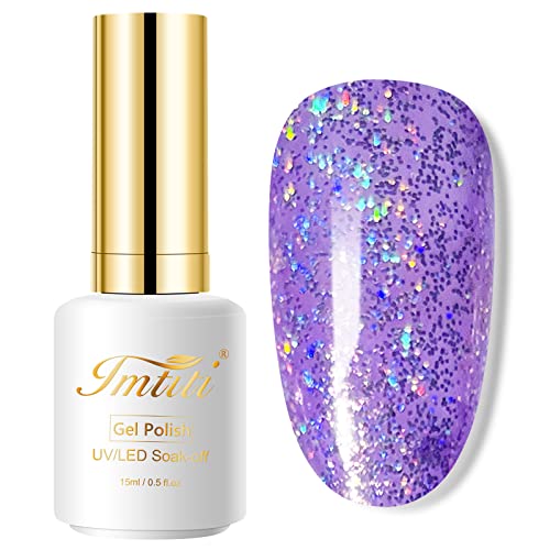 Imtiti 0.5 Fl Oz Purple Glitter Gel Nail Polish - Sparkly Lavender, 3 in 1 Soak Off UV LED