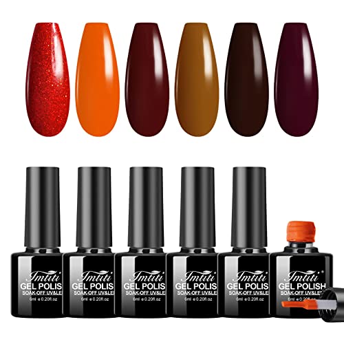 Imtiti Fall Gel Nail Polish Set, 6 Colors 3 In 1 One Step Gel Orange Burgundy Brown Glitter Red Autumn Shades Pumpkin Color Gel Polish Kit Halloween Christmas Thanksgiving Day Gifts for Women