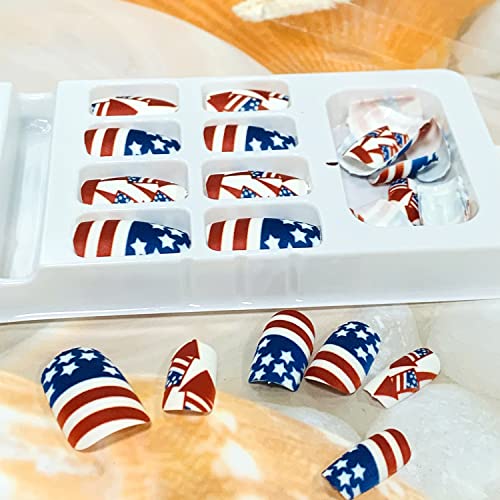 Independence Day Press on Nails Short Coffin, 24 Pcs Full Cover Reusable Square False Nails with Patriotic Designs, Women Artificial Finger Acrylic Fake Nails for July 4th, Glue on Nails Medium - Image 6