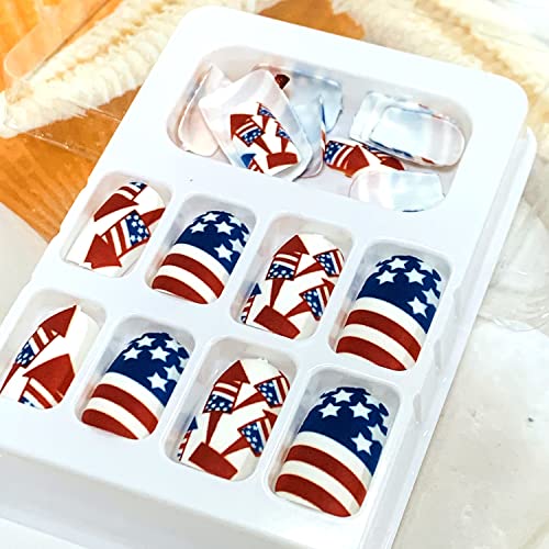 Independence Day Press on Nails Short Coffin, 24 Pcs Full Cover Reusable Square False Nails with Patriotic Designs, Women Artificial Finger Acrylic Fake Nails for July 4th, Glue on Nails Medium - Image 5