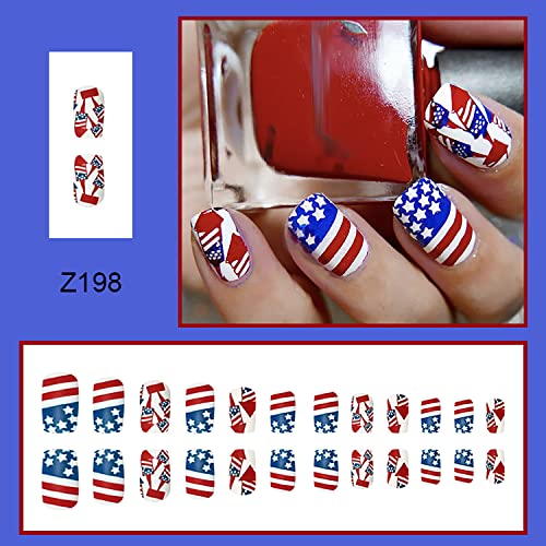 Independence Day Press on Nails Short Coffin, 24 Pcs Full Cover Reusable Square False Nails with Patriotic Designs, Women Artificial Finger Acrylic Fake Nails for July 4th, Glue on Nails Medium - Image 4