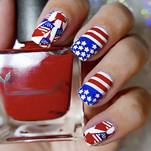 Independence Day Press on Nails Short Coffin, 24 Pcs Full Cover Reusable Square False Nails with Patriotic Designs, Women Artificial Finger Acrylic Fake Nails for July 4th, Glue on Nails Medium