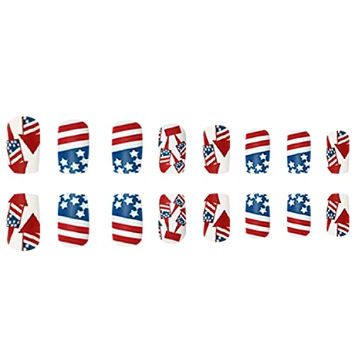Independence Day Press on Nails Short Coffin, 24 Pcs Full Cover Reusable Square False Nails with Patriotic Designs, Women Artificial Finger Acrylic Fake Nails for July 4th, Glue on Nails Medium - Image 2