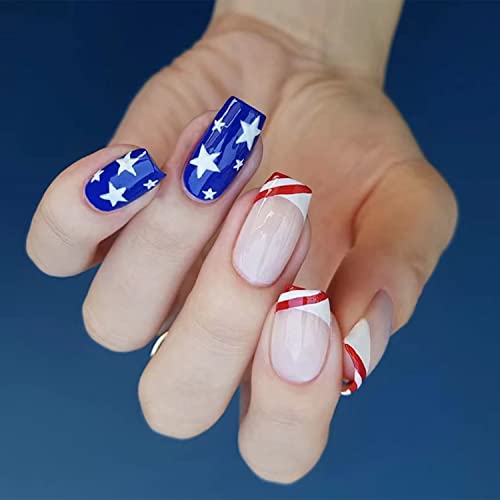 Independence Day Press on Nails Short Fake Nails 4th of July Nails Tip Full Cover Glue on Nails Flag Star Glossy Design Acrylic False Nails Red Blue Stick on Nails for Women Patriotic Nail Decor 24Pcs