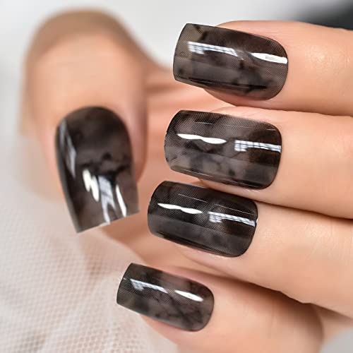 Ink Pattern Squoval Short Soild Color Black Color Press On Nails Salons At Home Daily Wear Reusable Manicure Datechable Fingernails Uv Gel Glossy Nail Tips Cute Lovely Cosplay Wear - Image 6