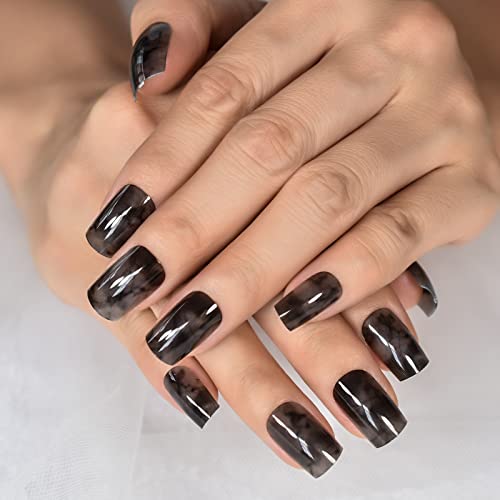 Ink Pattern Squoval Short Soild Color Black Color Press On Nails Salons At Home Daily Wear Reusable Manicure Datechable Fingernails Uv Gel Glossy Nail Tips Cute Lovely Cosplay Wear - Image 4