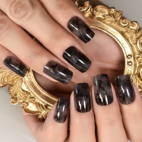 Ink Pattern Squoval Short Soild Color Black Color Press On Nails Salons At Home Daily Wear Reusable Manicure Datechable Fingernails Uv Gel Glossy Nail Tips Cute Lovely Cosplay Wear - Image 2