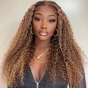 ISEE Hair Ombre Highlight Human Hair Lace Front Wigs 24 Inch Pre Plucked Thick 180% Density Long Colored Ombre 13x4 Brown Kinky Curly Wigs Glueless Soft and Bouncy Human Hair Wig
