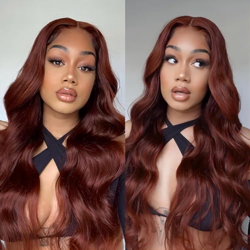 ISEE Reddish Brown Lace Front Wigs Human Hair Pre Plucked 6x4 HD Body Wave Human Hair Wear Go Wig Colored 10A Reddish Brown Frontal Wig 180% Density Glueless Wigs Human Hair Wig 22 Inch