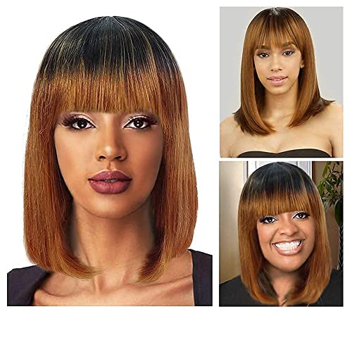 ISHINE Human Hair Wig for Black Women, Honey Blonde Bob Wigs with Bangs, Short Straight Human Hair Wigs with Dark Roots, Brazilian 130% Density None Lace Front Wigs, Ombre Blonde Wig