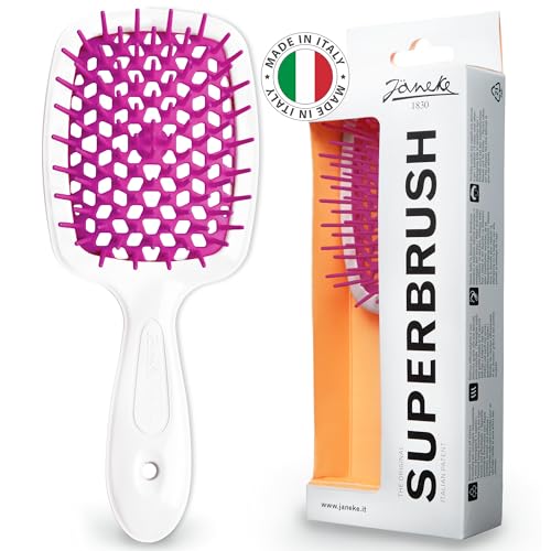 Janeke Original Patented Superbrush Detangler Brush Anti-static Hairbrush Easy For Wet or Dry Use Flexible with Nylon Bristle Great for All Hair Types - Long Thick Curly (White-Fux)