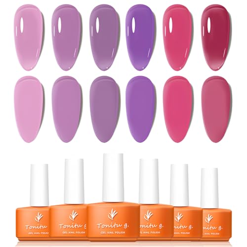 Jelly Gel Nail Polish Set 6 pcs Colors, Baby Pink,Lilac, Lavender, Violet, Fuchsia, Crimson Gel Nail Art Kit, UV LED Soak Off for Salon Manicure and Nail Art DIY at Home, for Gift