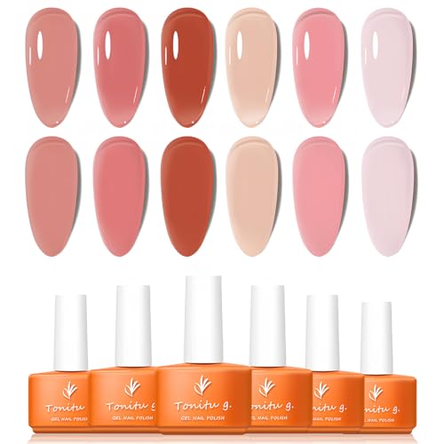 Jelly Gel Nail Polish Set 6 pcs Colors, Rose Coral Pink Salmon Pink Sienna Nude Peach Transparent Gel Nail Art Kit, UV LED Soak Off for Salon Manicure and Nail Art DIY at Home, for Gift