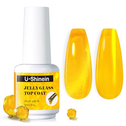 Jelly Gel Nail Polish, Top Coat Gel Nail Polish for Jelly Glass Finish, Sheer Golden Crystal Translucent Gel Nail Polish Jelly Glass Top Coat Gel Soak Off UV/LED for Nail Art Manicure Salon