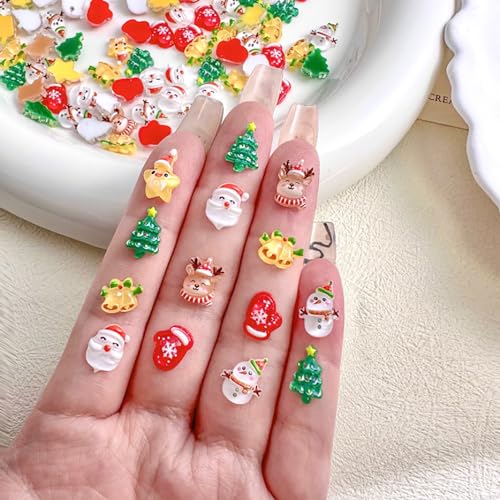 JERCLITY 100 Pieces Christmas Nail Charms for Acrylic Nails Resin Christmas Nail Art Charms Santa Claus Snowman Xmas Tree Reindeer Bell Gloves Star Nail Accessories for Women Girls Christmas Nail Art - Image 3