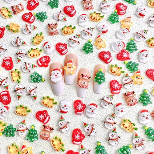 JERCLITY 100 Pieces Christmas Nail Charms for Acrylic Nails Resin Christmas Nail Art Charms Santa Claus Snowman Xmas Tree Reindeer Bell Gloves Star Nail Accessories for Women Girls Christmas Nail Art - Image 5
