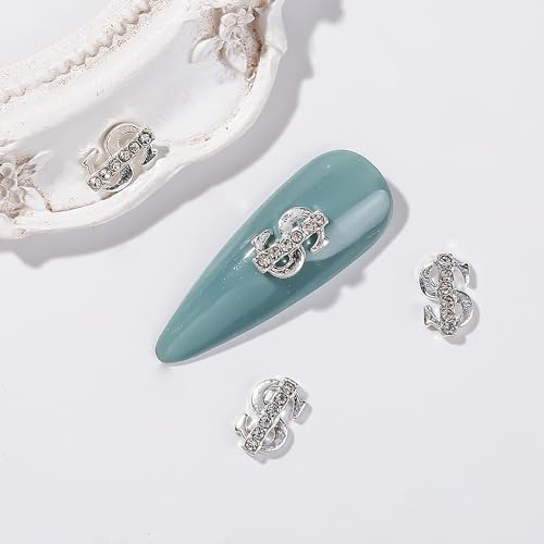 JERCLITY 20 Pieces 3D Silver Dollar Sign Nail Charms Money Sign Design Dollar Mark Shape Nail Art Studs Inlay Clear Rhinestones Dollar Silver Nail Charms for Women Girls Ladies Nail Art Accessories - Image 6