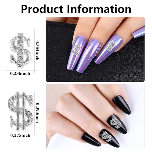 JERCLITY 20 Pieces 3D Silver Dollar Sign Nail Charms Money Sign Design Dollar Mark Shape Nail Art Studs Inlay Clear Rhinestones Dollar Silver Nail Charms for Women Girls Ladies Nail Art Accessories - Image 2