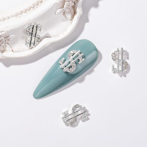 JERCLITY 20 Pieces 3D Silver Dollar Sign Nail Charms Money Sign Design Dollar Mark Shape Nail Art Studs Inlay Clear Rhinestones Dollar Silver Nail Charms for Women Girls Ladies Nail Art Accessories - Image 5