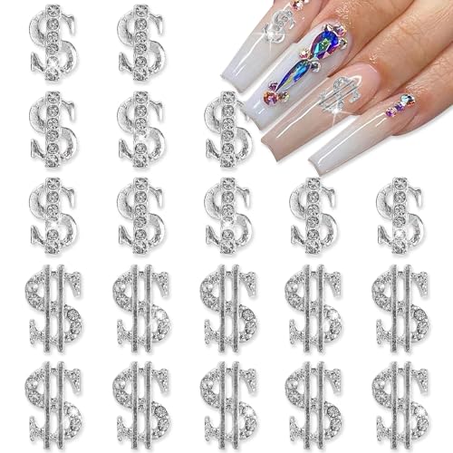 JERCLITY 20 Pieces 3D Silver Dollar Sign Nail Charms Money Sign Design Dollar Mark Shape Nail Art Studs Inlay Clear Rhinestones Dollar Silver Nail Charms for Women Girls Ladies Nail Art Accessories