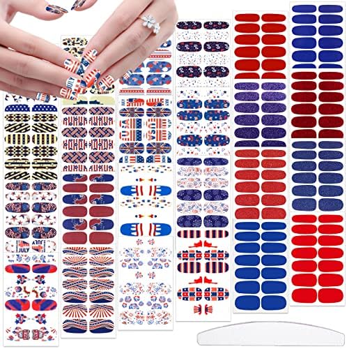 JERCLITY 336 Pieces 24 Sheets 4th of July Nail Wraps Independence Day Nail Polish Strips Patriotic American Flag Nail Strips Self-Adhesive Solid Color Nail Stickers with Nail File for Memorial Day