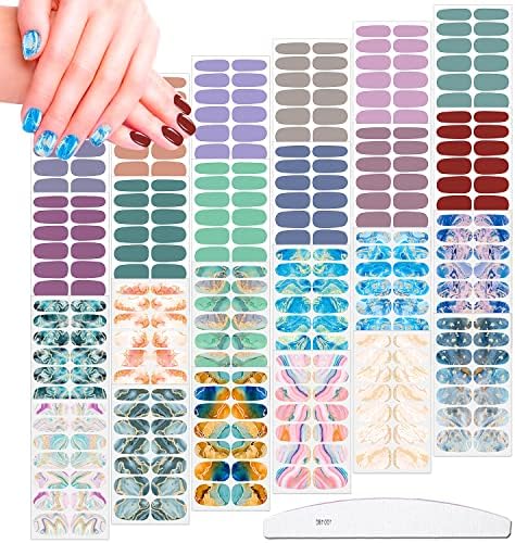 JERCLITY 336 Pieces 24 Sheets Women's Full Wrap Marble Nail Polish Strips Stickers Self-Adhesive Solid Color Gel Nail Strips Decals with Nail File for Women Girls Nail Decorations (Trendy Style)