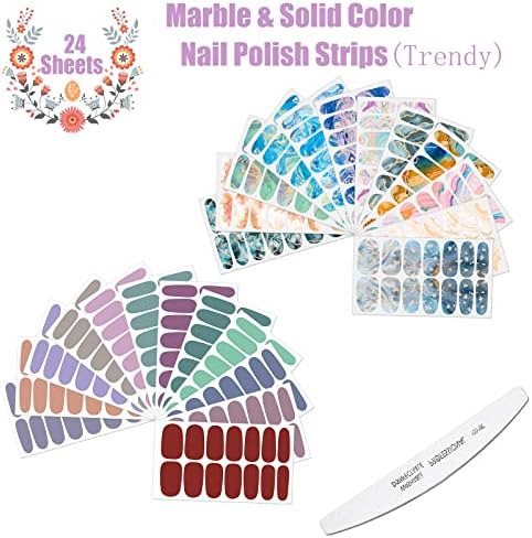 JERCLITY 336 Pieces 24 Sheets Women's Full Wrap Marble Nail Polish Strips Stickers Self-Adhesive Solid Color Gel Nail Strips Decals with Nail File for Women Girls Nail Decorations (Trendy Style) - Image 2