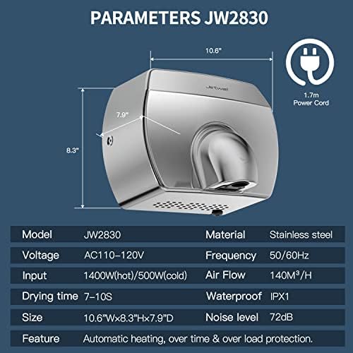 JETWELL Elegent Compact Hand Dryer For Bathrooms Commercial- High Speed Automatic Hard Wired Friendly Stainless Steel Hand Dryer- Warm Wind Hand Blower - Image 2
