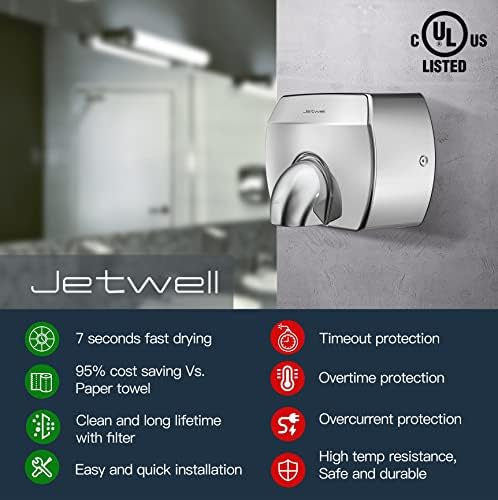 JETWELL Elegent Compact Hand Dryer For Bathrooms Commercial- High Speed Automatic Hard Wired Friendly Stainless Steel Hand Dryer- Warm Wind Hand Blower - Image 5