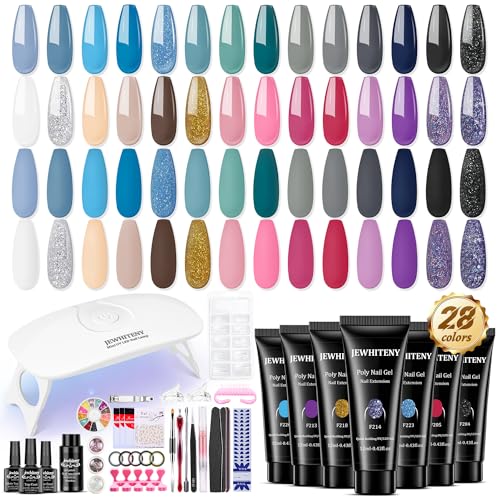 JEWHITENY 28 Colors Poly Extension Gel Nail Kit with Lamp and Top Coats