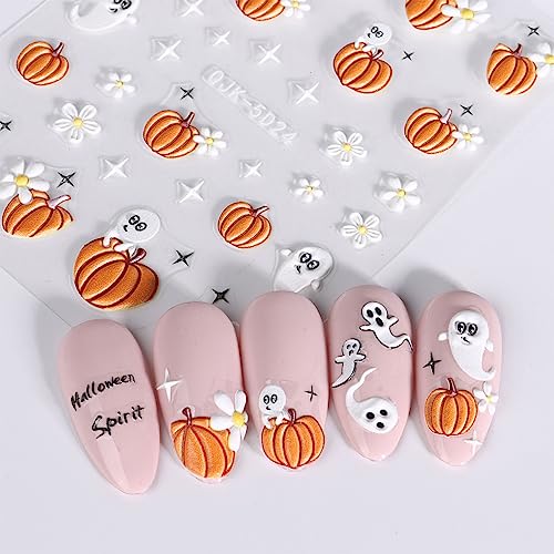 JMEOWIO 3D Embossed Halloween Nail Art Stickers Decals Self-Adhesive Pegatinas Uñas 5D Cute Pumpkin Ghost Flower Spook Nail Supplies Nail Art Design Decoration Accessories 4 Sheets - Image 7