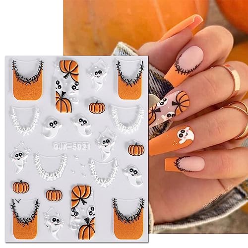 JMEOWIO 3D Embossed Halloween Nail Art Stickers Decals Self-Adhesive Pegatinas Uñas 5D Cute Pumpkin Ghost Flower Spook Nail Supplies Nail Art Design Decoration Accessories 4 Sheets - Image 6