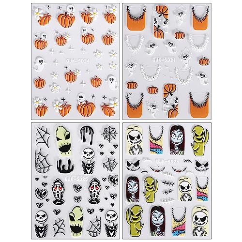 JMEOWIO 3D Embossed Halloween Nail Art Stickers Decals Self-Adhesive Pegatinas Uñas 5D Cute Pumpkin Ghost Flower Spook Nail Supplies Nail Art Design Decoration Accessories 4 Sheets - Image 2