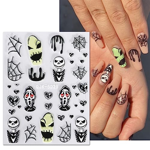 JMEOWIO 3D Embossed Halloween Nail Art Stickers Decals Self-Adhesive Pegatinas Uñas 5D Cute Pumpkin Ghost Flower Spook Nail Supplies Nail Art Design Decoration Accessories 4 Sheets - Image 3
