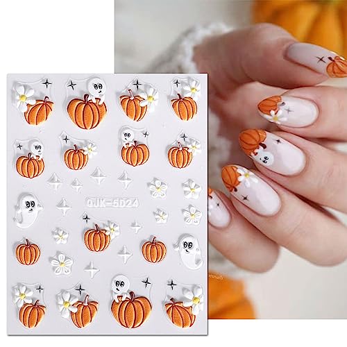 JMEOWIO 3D Embossed Halloween Nail Art Stickers Decals Self-Adhesive Pegatinas Uñas 5D Cute Pumpkin Ghost Flower Spook Nail Supplies Nail Art Design Decoration Accessories 4 Sheets - Image 4