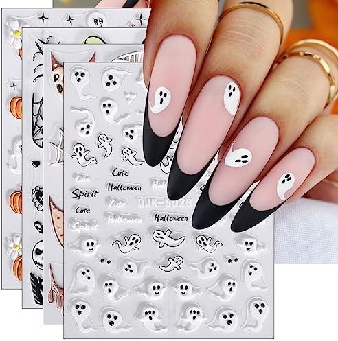 JMEOWIO 3D Embossed Halloween Nail Art Stickers Decals Self-Adhesive Pegatinas Uñas 5D Skull Horror Ghost Heart Nail Supplies Nail Art Design Decoration Accessories 4 Sheets