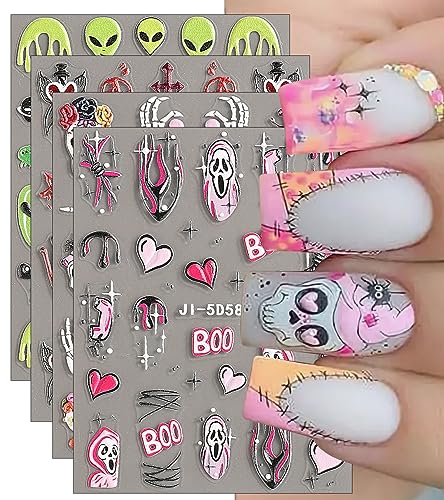 JMEOWIO 3D Embossed Halloween Nail Art Stickers Decals Self-Adhesive Pegatinas Uñas Pink 5D Skull Horror Ghost Witchy Spook Nail Supplies Nail Art Design Decoration Accessories 4 Sheets