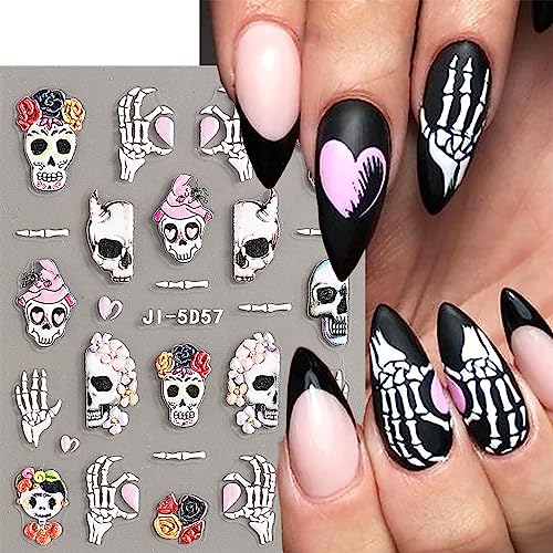 JMEOWIO 3D Embossed Halloween Nail Art Stickers Decals Self-Adhesive Pegatinas Uñas Pink 5D Skull Horror Ghost Witchy Spook Nail Supplies Nail Art Design Decoration Accessories 4 Sheets - Image 3