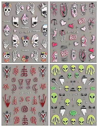 JMEOWIO 3D Embossed Halloween Nail Art Stickers Decals Self-Adhesive Pegatinas Uñas Pink 5D Skull Horror Ghost Witchy Spook Nail Supplies Nail Art Design Decoration Accessories 4 Sheets - Image 2