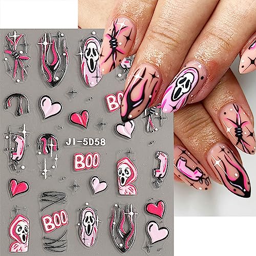 JMEOWIO 3D Embossed Halloween Nail Art Stickers Decals Self-Adhesive Pegatinas Uñas Pink 5D Skull Horror Ghost Witchy Spook Nail Supplies Nail Art Design Decoration Accessories 4 Sheets - Image 4