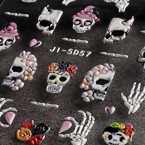 JMEOWIO 3D Embossed Halloween Nail Art Stickers Decals Self-Adhesive Pegatinas Uñas Pink 5D Skull Horror Ghost Witchy Spook Nail Supplies Nail Art Design Decoration Accessories 4 Sheets - Image 7