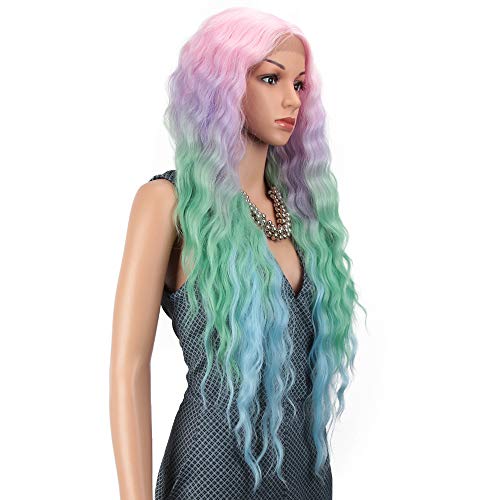 Joedir Lace Front Wigs 30'' Long Wavy Synthetic Wigs For Black Women 130% Density Ombre Rainbow Wigs with Baby Hair(QT PKBL07) - Image 3